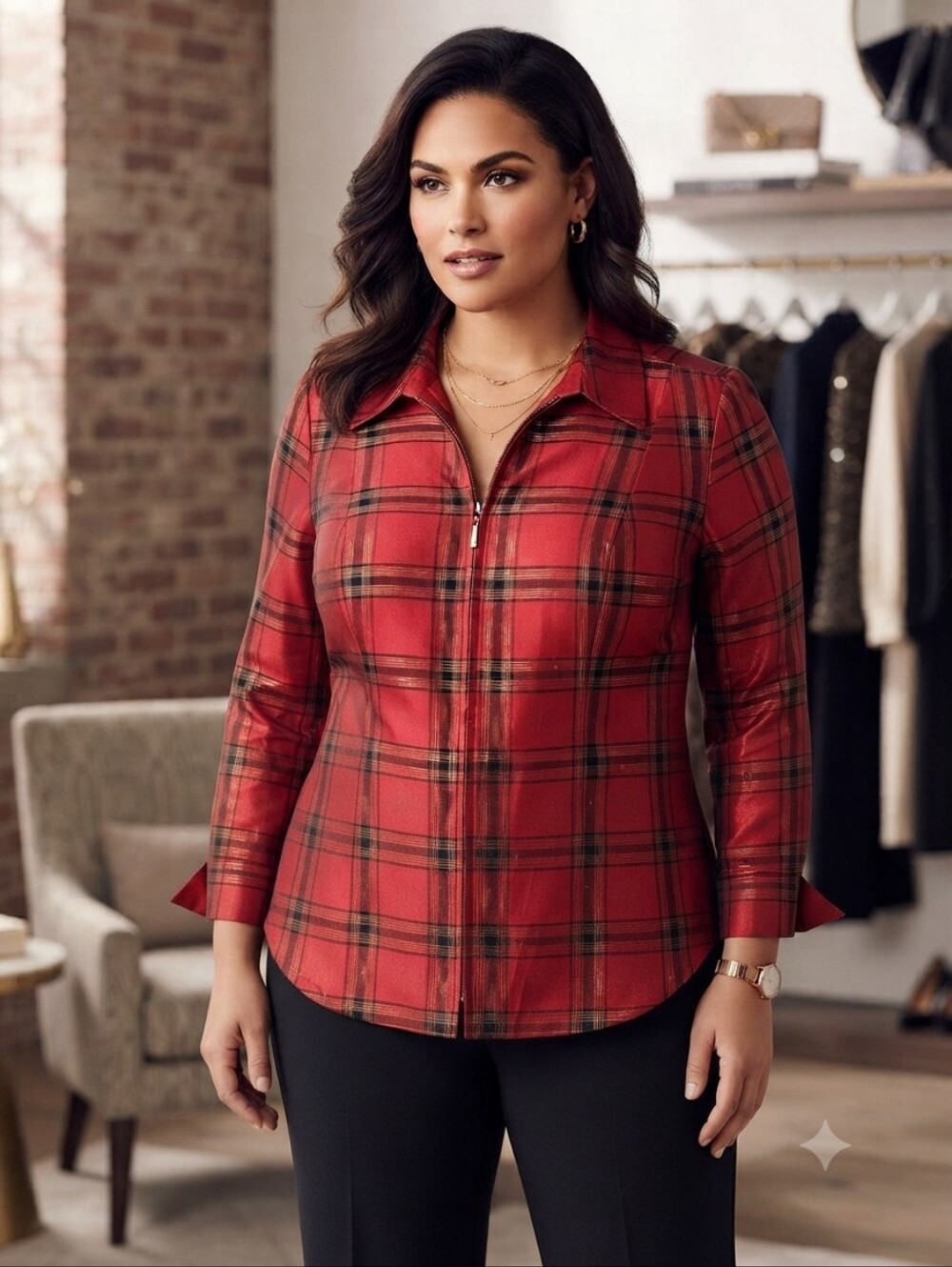 Silk Red Plaid Zip-Front Women's Jacket Size 1X